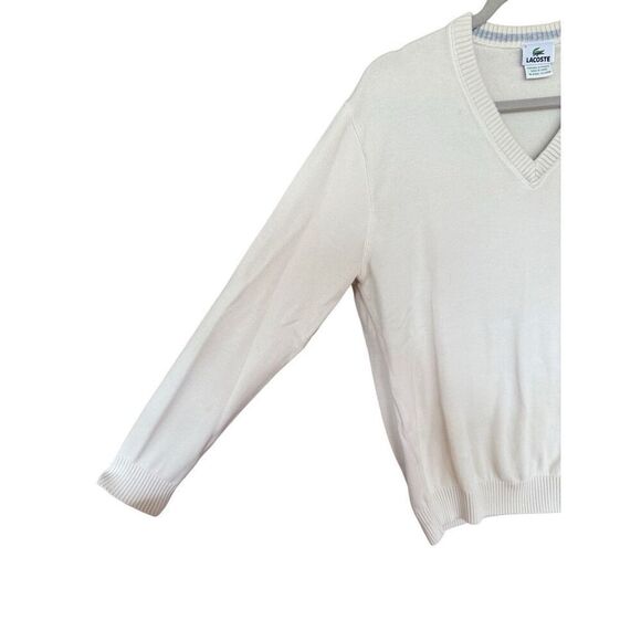 Lacoste Mens Cream V-neck Long Sleeve Ribbed Trim Logo Pullover Sweater Size 5 - Picture 7 of 9